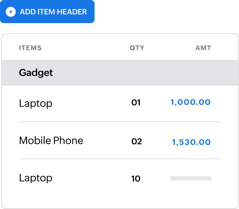 Prominent 'add item header' button above an item detail list, with a header named 'gadget' already used in the list.