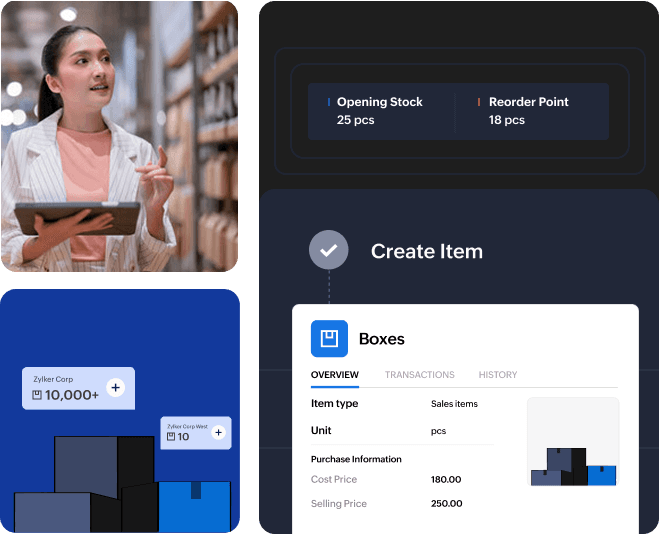 A warehouse staff checks inventory with an electronic tablet in her hand. The illustration also contains stylized item creation and warehouse modules with counts and item details.