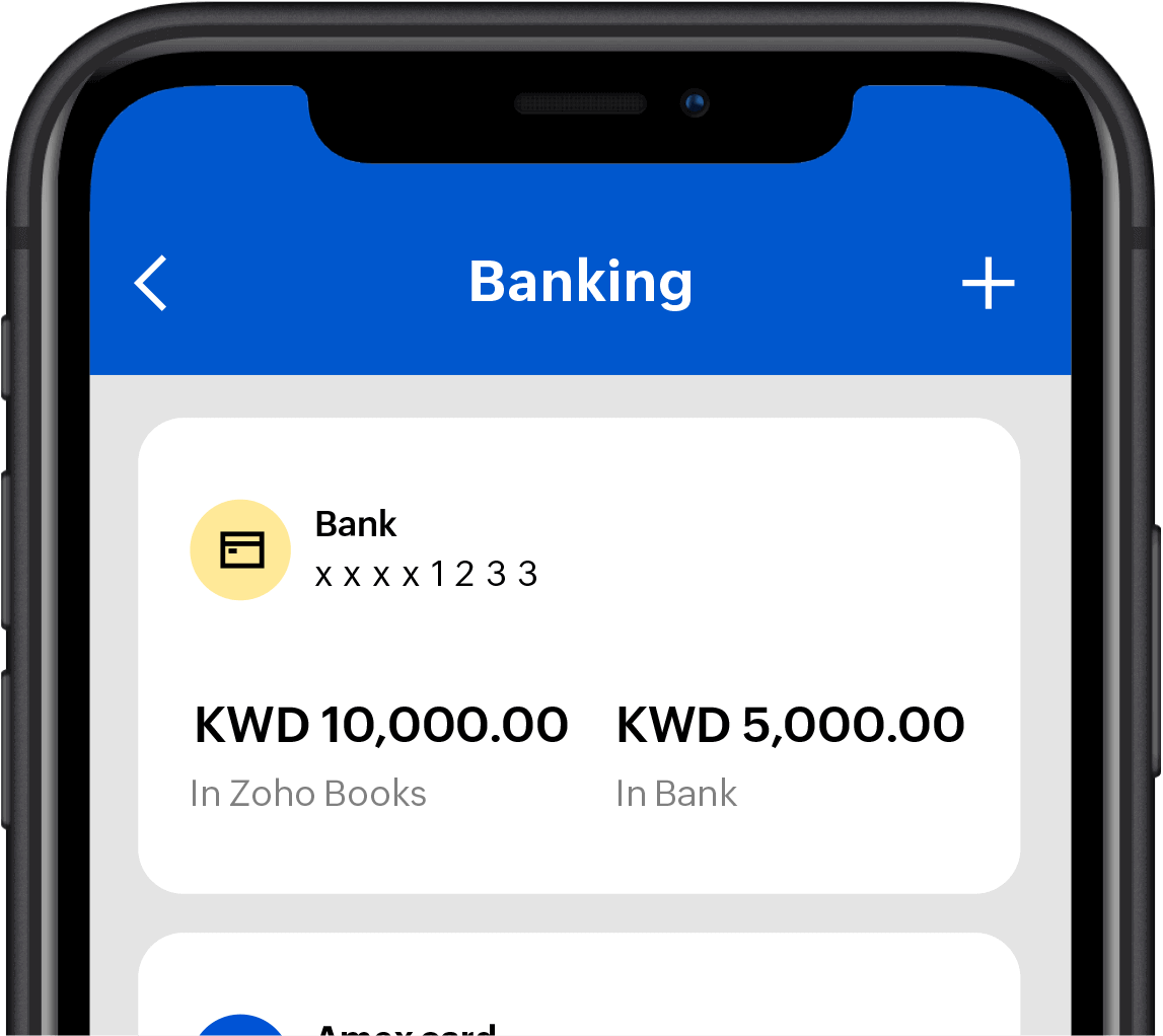 Zoho Books mobile app interface shows the banking module